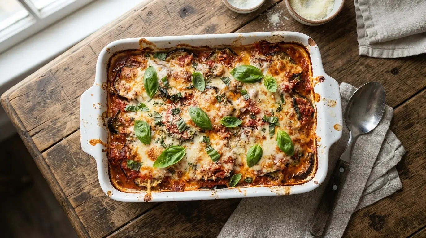 Golden-brown keto eggplant parmesan casserole with melted cheese and fresh basil in a white baking dish.