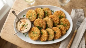 Golden-brown, crispy fried green tomato slices on a white platter, garnished with fresh parsley.