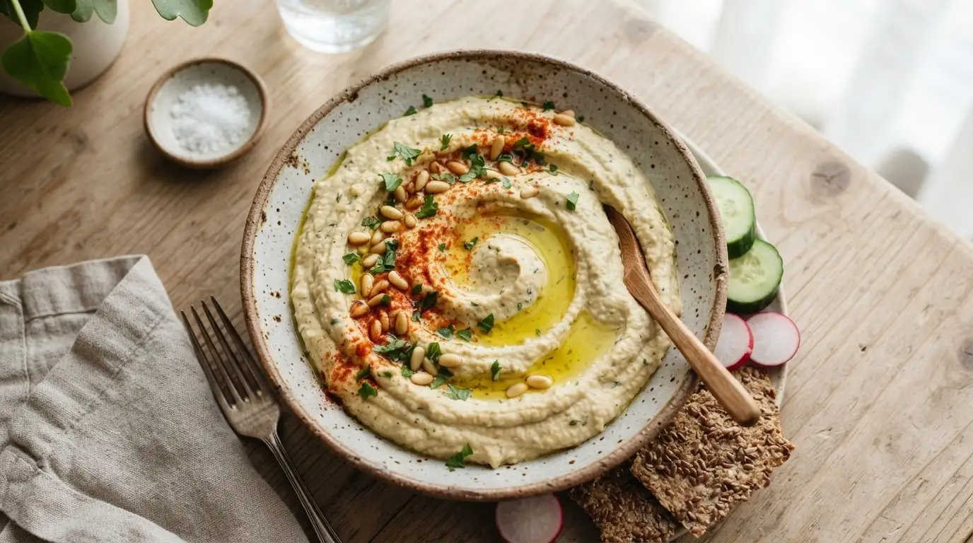 Creamy, light green artichoke hummus in a ceramic bowl, drizzled with olive oil and sprinkled with paprika.
