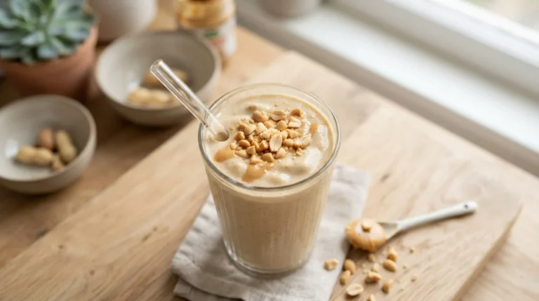 Creamy, thick peanut butter protein smoothie in a clear glass, topped with chopped peanuts, on a light wooden surface.