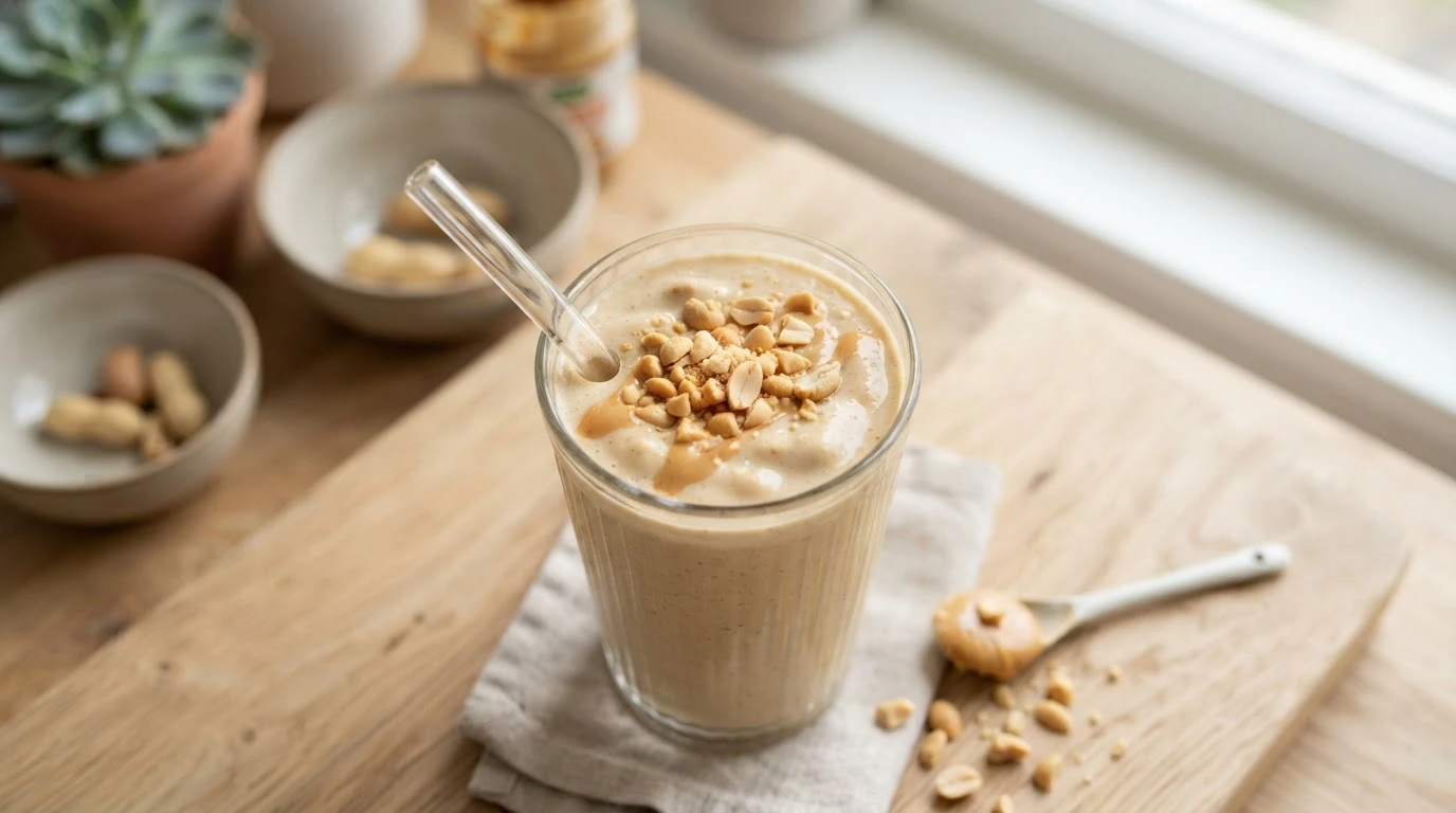 Creamy, thick peanut butter protein smoothie in a clear glass, topped with chopped peanuts, on a light wooden surface.