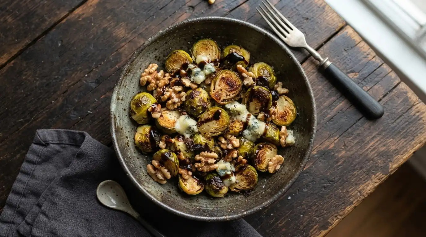 Golden-brown roasted brussels sprouts with toasted walnuts and crumbled blue cheese in a ceramic bowl.