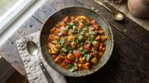 Vibrant roasted cauliflower, bell peppers, zucchini, and chickpeas in a rich orange masala sauce, garnished with green cilantro.