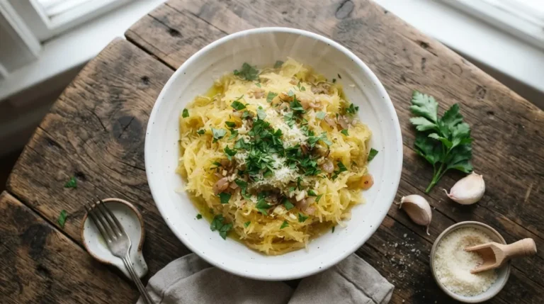 Close-up of roasted spaghetti squash strands tossed with green parsley and minced garlic in a white bowl.
