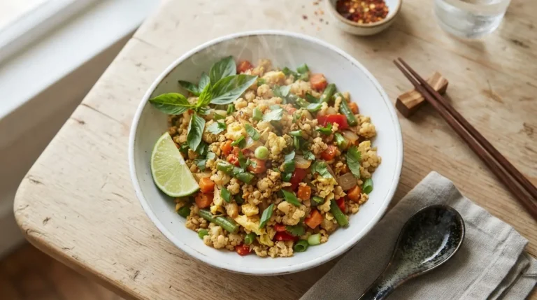 Vibrant Thai cauliflower fried rice with chicken, bell peppers, carrots, and fresh basil in a white bowl.