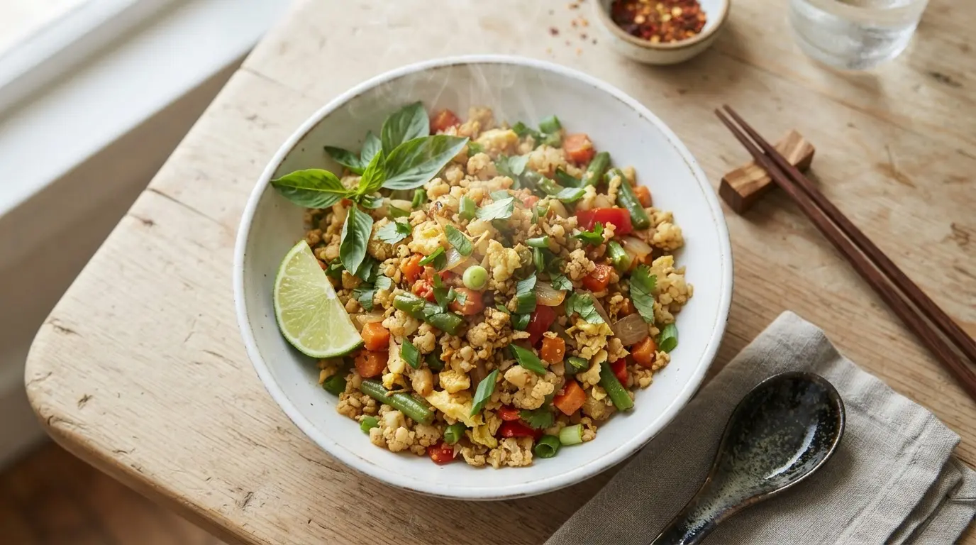 Vibrant Thai cauliflower fried rice with chicken, bell peppers, carrots, and fresh basil in a white bowl.