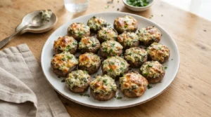 Golden-brown spinach artichoke stuffed mushrooms with bubbly cheese filling on a white platter, garnished with green parsley.