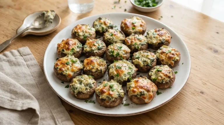 Golden-brown spinach artichoke stuffed mushrooms with bubbly cheese filling on a white platter, garnished with green parsley.