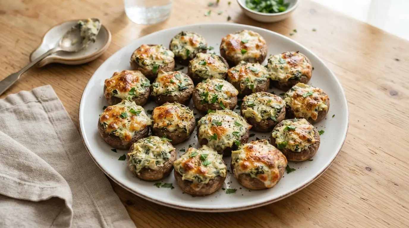 Golden-brown spinach artichoke stuffed mushrooms with bubbly cheese filling on a white platter, garnished with green parsley.