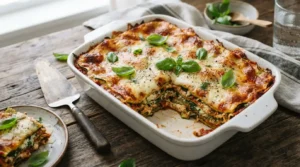 Golden-brown vegetarian lasagna with visible layers of zucchini, spinach, and cheese in a white baking dish.