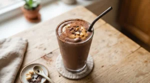 Thick chocolate peanut butter protein smoothie in a tall glass with a straw, sprinkled with cocoa.