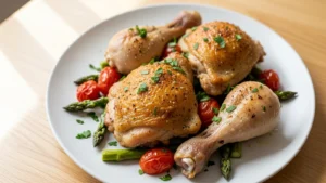 Golden-brown baked chicken thighs on a white plate, garnished with fresh green parsley.