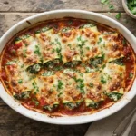 Golden-brown zucchini manicotti rolls topped with melted mozzarella cheese and green herbs in a white baking dish.