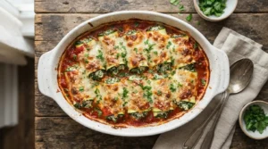 Golden-brown zucchini manicotti rolls topped with melted mozzarella cheese and green herbs in a white baking dish.