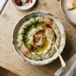 Creamy, light brown baba ganoush dip in a ceramic bowl, garnished with green parsley and olive oil.
