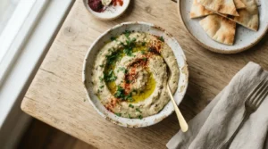 Creamy, light brown baba ganoush dip in a ceramic bowl, garnished with green parsley and olive oil.
