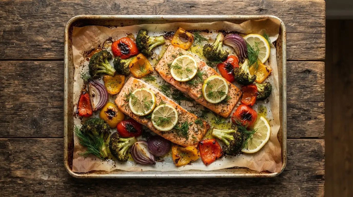 Golden-brown salmon fillets with vibrant roasted vegetables and fresh herbs on a parchment-lined sheet pan.