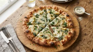 Golden-brown pizza with creamy white sauce, green spinach, and chopped artichoke hearts, topped with bubbly melted cheese, sliced on a wooden board.