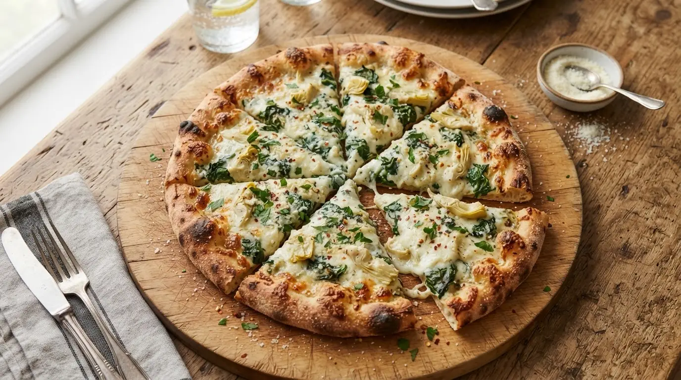 Golden-brown pizza with creamy white sauce, green spinach, and chopped artichoke hearts, topped with bubbly melted cheese, sliced on a wooden board.