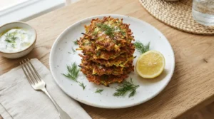 Stack of golden-brown zucchini fritters on a white plate with fresh dill and a lemon wedge.