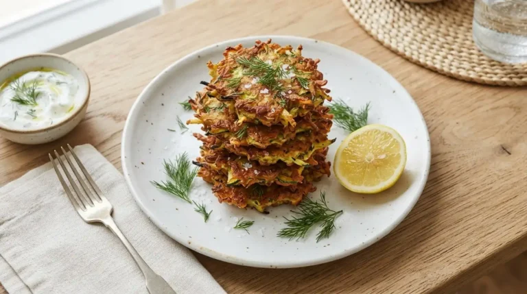 Stack of golden-brown zucchini fritters on a white plate with fresh dill and a lemon wedge.