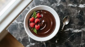Glossy dark chocolate ganache in a white bowl, topped with fresh red raspberries on a marble surface.