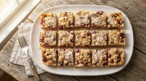 Golden-brown cranberry walnut crumb bars with a streusel topping, sliced on a white platter.