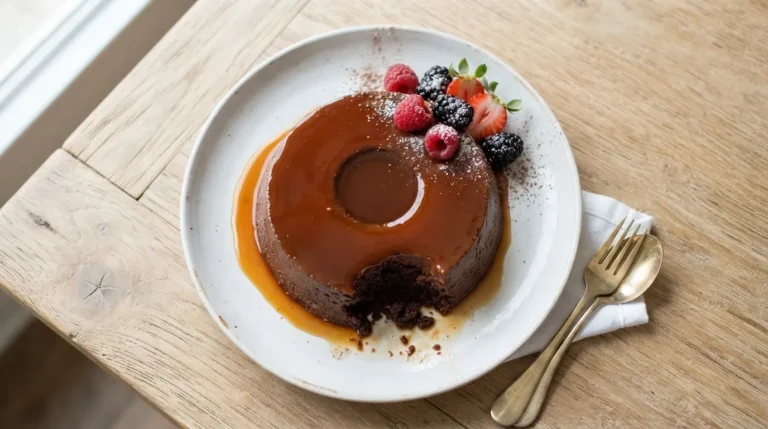Two-layered keto choco flan with dark chocolate cake base and creamy flan top, drizzled with amber caramel.
