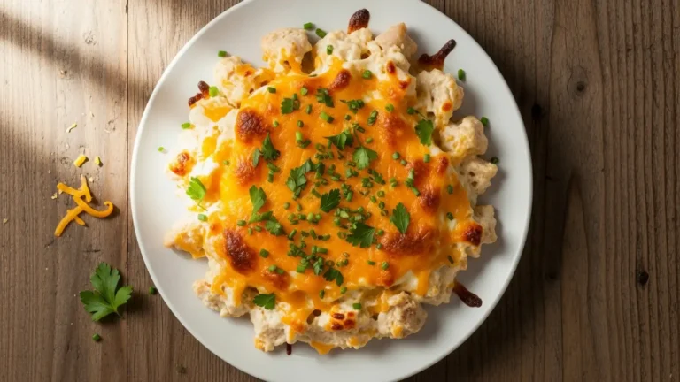 Golden-brown cheesy chicken bake with melted cheddar and mozzarella, bubbling in a white casserole dish, garnished with fresh green parsley.