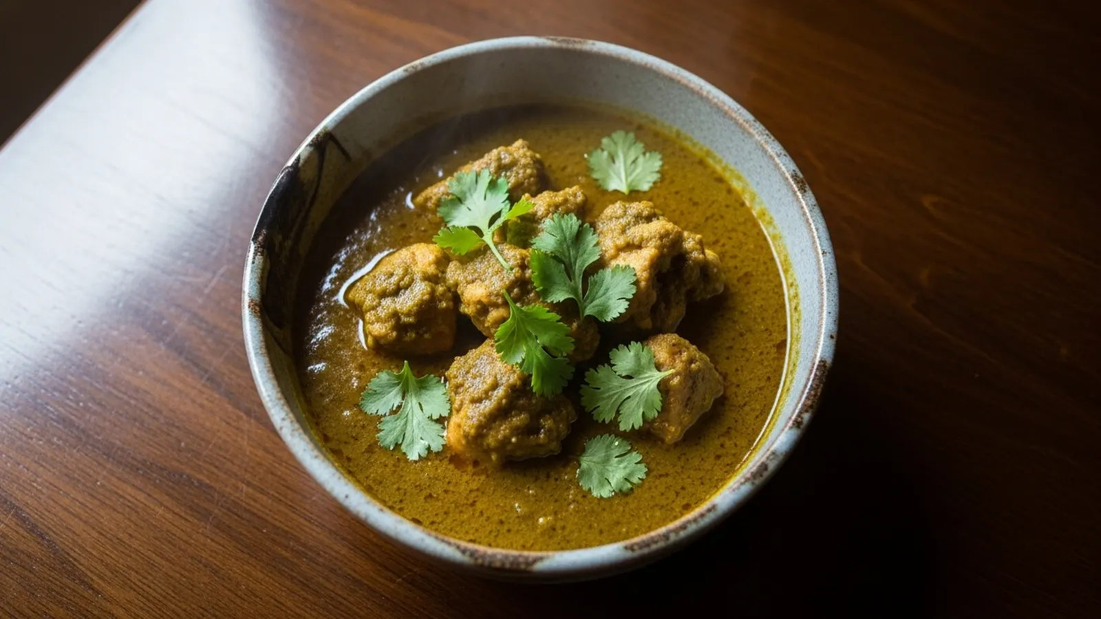Vibrant green chicken curry in a ceramic bowl, garnished with fresh coriander on a dark wooden table.