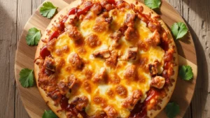 Golden-brown BBQ chicken pizza with melted mozzarella and fresh cilantro on a wooden board.