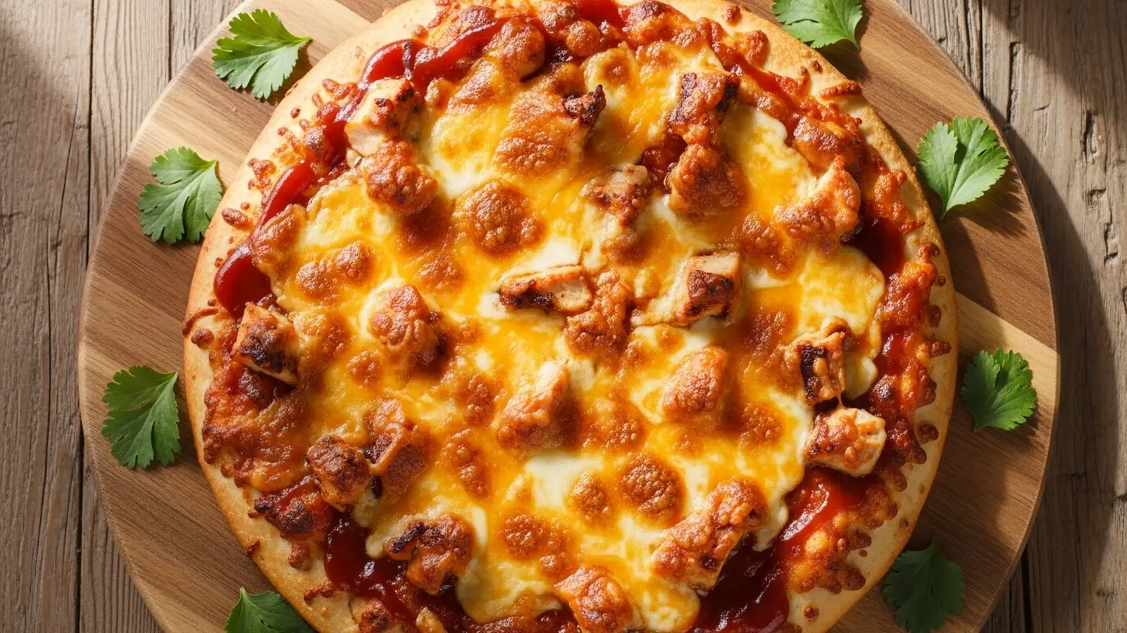 Golden-brown BBQ chicken pizza with melted mozzarella and fresh cilantro on a wooden board.