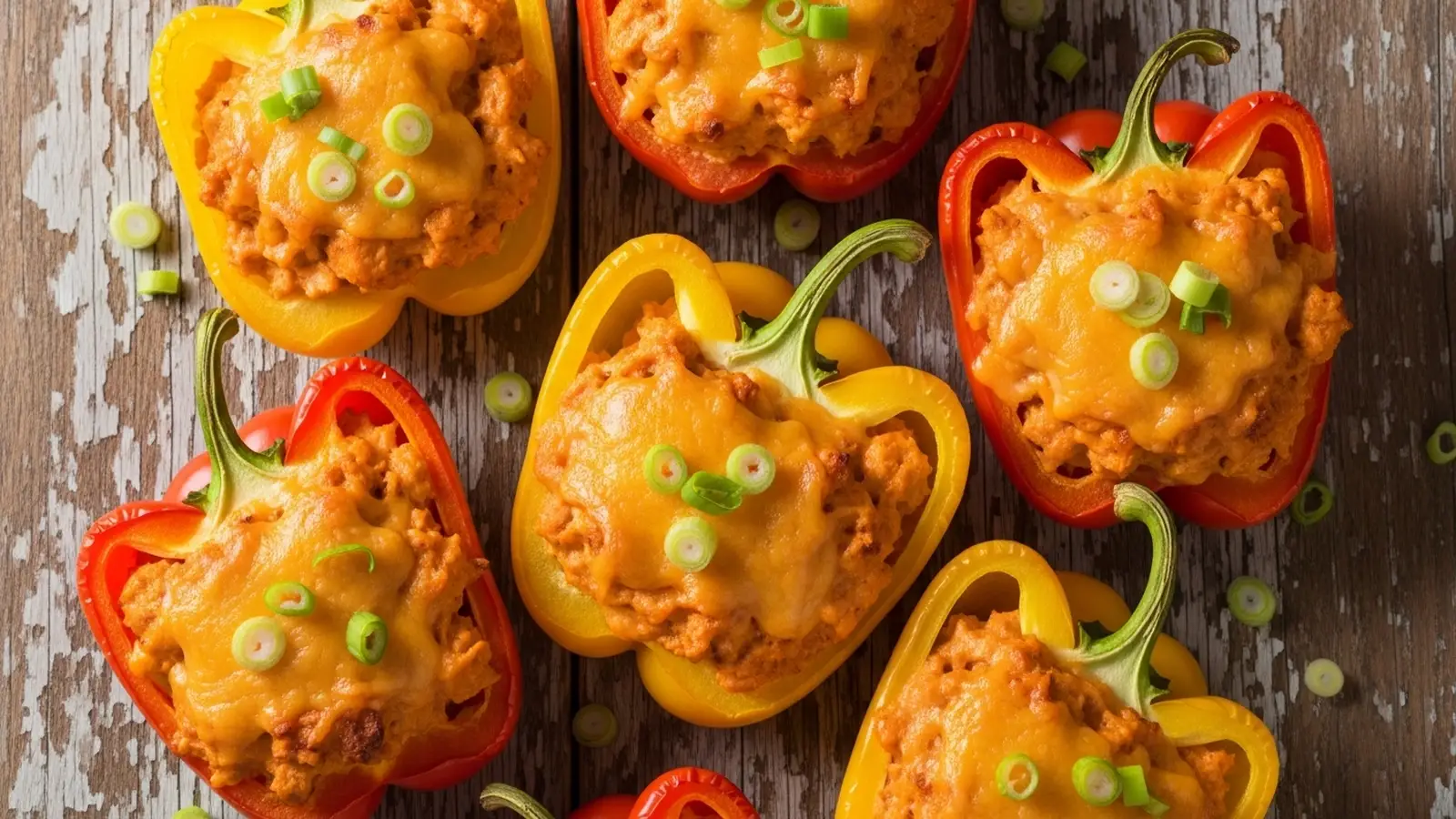 Golden-brown buffalo chicken stuffed in vibrant red and orange bell pepper halves, topped with melted cheese and green onions.