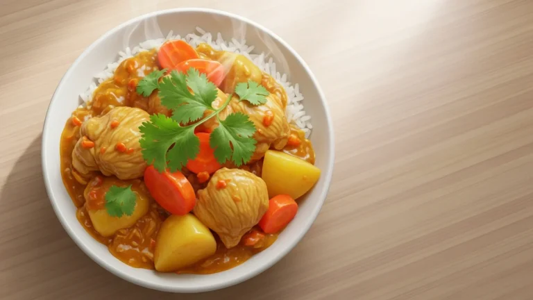 Creamy golden chicken curry with tender chicken pieces and white rice, garnished with green cilantro in a white bowl.