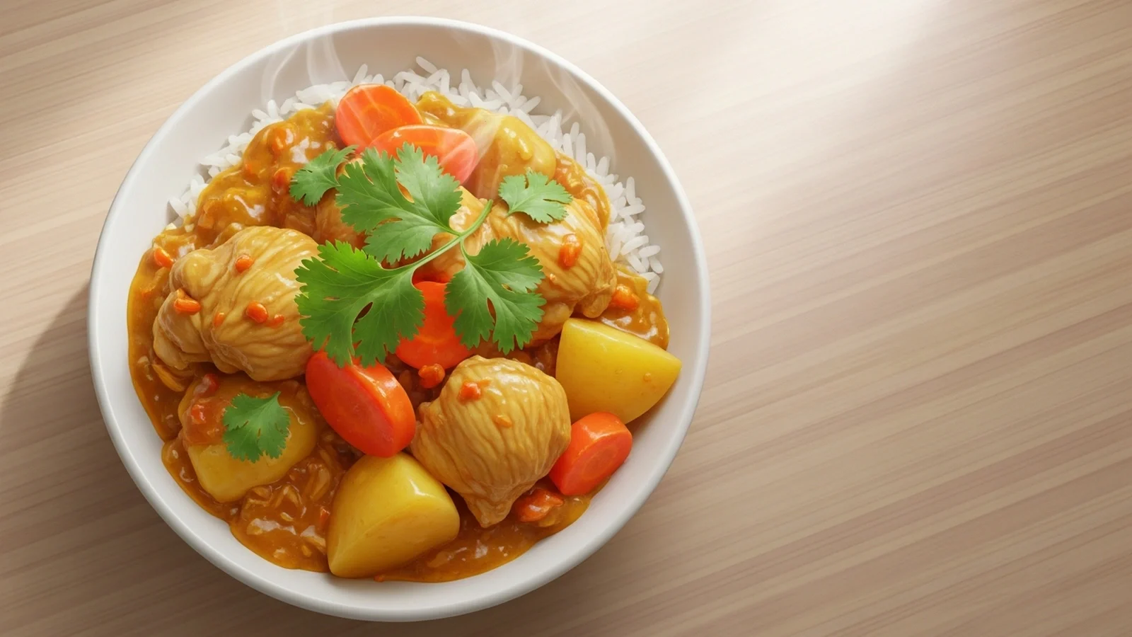 Creamy golden chicken curry with tender chicken pieces and white rice, garnished with green cilantro in a white bowl.