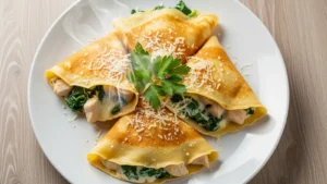 Golden-brown chicken and spinach crepes folded on a white plate, garnished with fresh parsley and Parmesan.