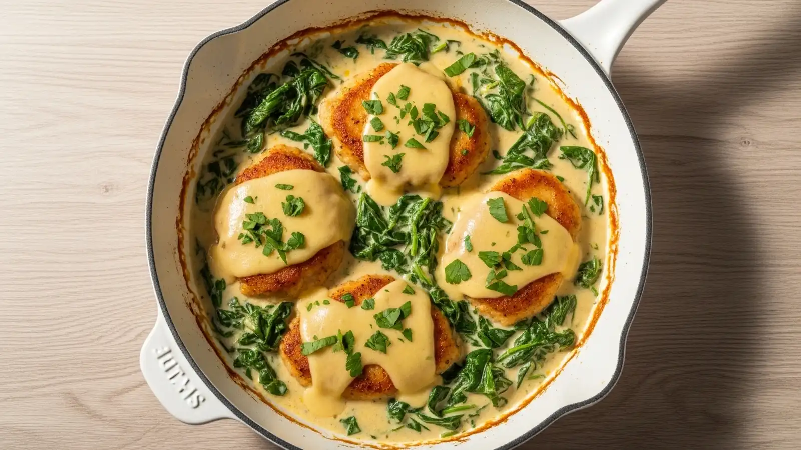 Golden-brown chicken cutlets in a creamy green spinach sauce, garnished with fresh parsley in a white skillet.