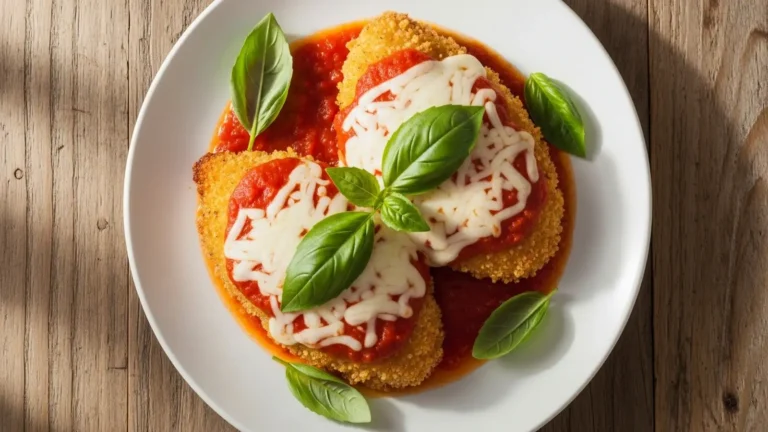 Golden-brown chicken cutlet topped with melted mozzarella, red sauce, and fresh basil on a white plate.