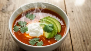 Creamy chicken taco soup in a white bowl, topped with sour cream, avocado, and cilantro on a wooden table.
