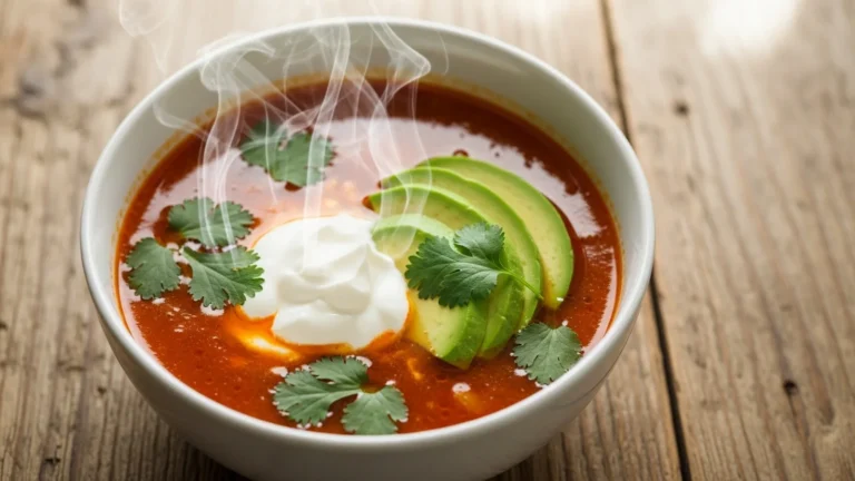 Creamy chicken taco soup in a white bowl, topped with sour cream, avocado, and cilantro on a wooden table.