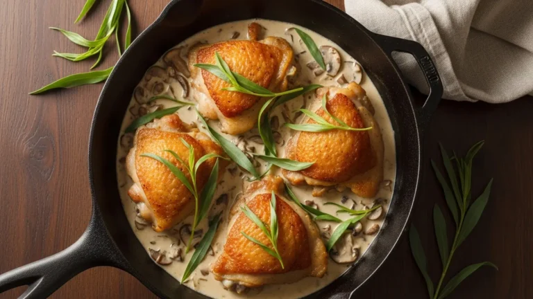 Golden-brown chicken thighs in a creamy tarragon mushroom sauce in a cast iron skillet.