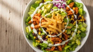 Colorful chicken tortilla salad with grilled chicken, black beans, corn, avocado, and crispy tortilla strips in a white bowl.