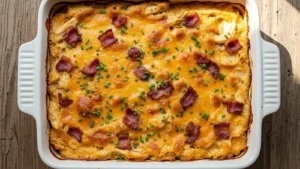 Golden-brown crack chicken casserole with melted cheese and green chives in a white baking dish.