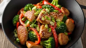 Golden-brown chicken and vibrant vegetables with shirataki noodles in a black wok, garnished with green onions.