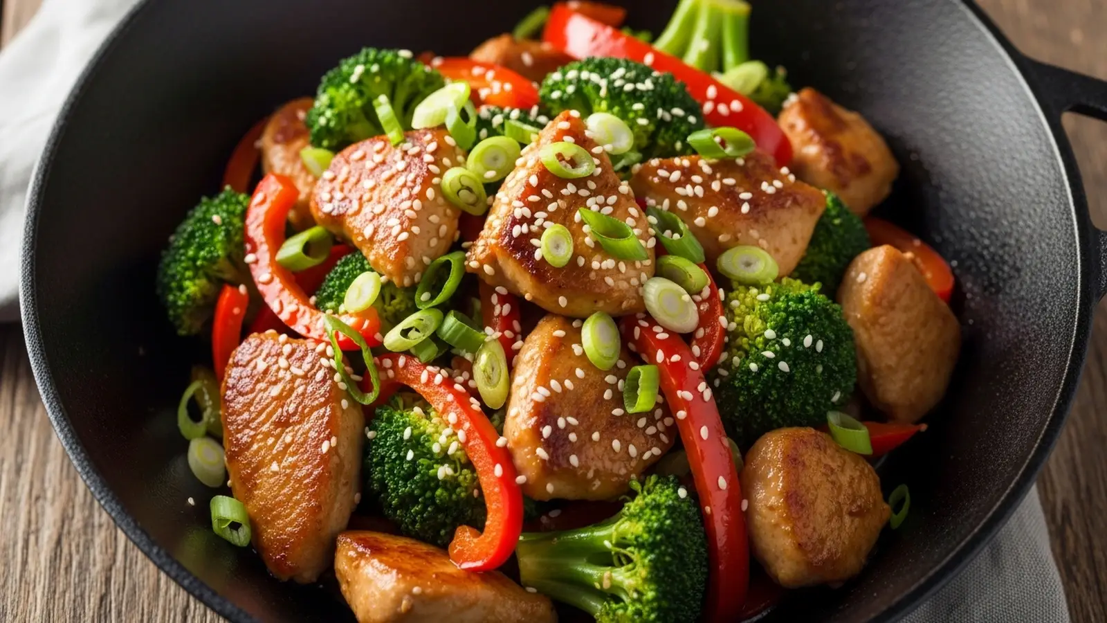 Golden-brown chicken and vibrant vegetables with shirataki noodles in a black wok, garnished with green onions.