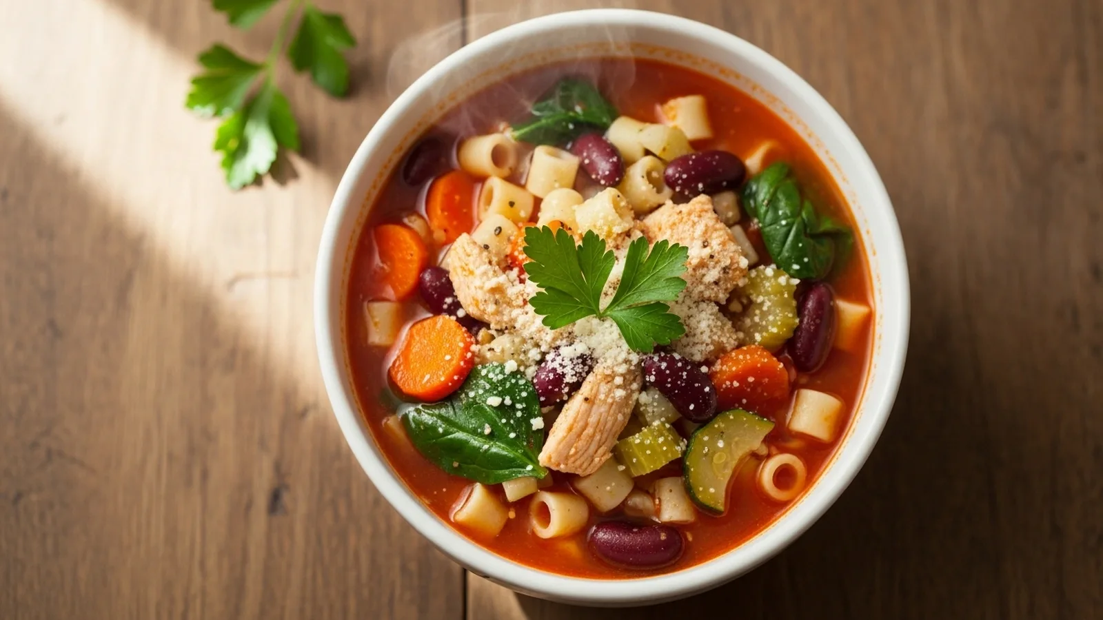 Steaming bowl of chicken minestrone soup with diced chicken, vegetables, and pasta, garnished with fresh parsley and cheese.