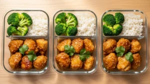 Golden-brown honey lime chicken pieces with rice and broccoli in clear glass meal prep containers, garnished with cilantro.