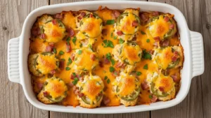 Golden-brown chicken popper bake with melted cheddar cheese, crispy bacon, and green jalapeno pieces in a white casserole dish.