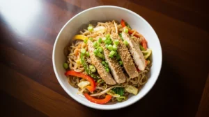 Steaming keto chicken chow mein with crisp vegetables and shirataki noodles, garnished with green onions and sesame seeds in a white bowl.