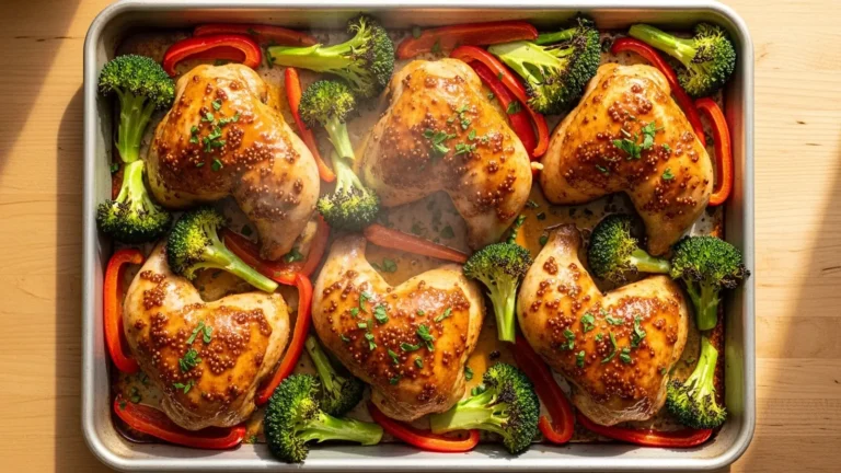 Golden-brown chicken thighs coated in honey mustard sauce with roasted broccoli and red bell peppers on a white sheet pan.